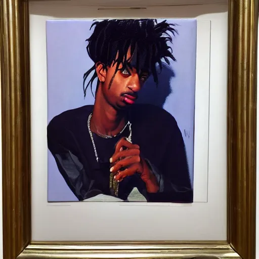 Image similar to oil painting of a Playboi Carti in the style of syd mead and john william waterhouse