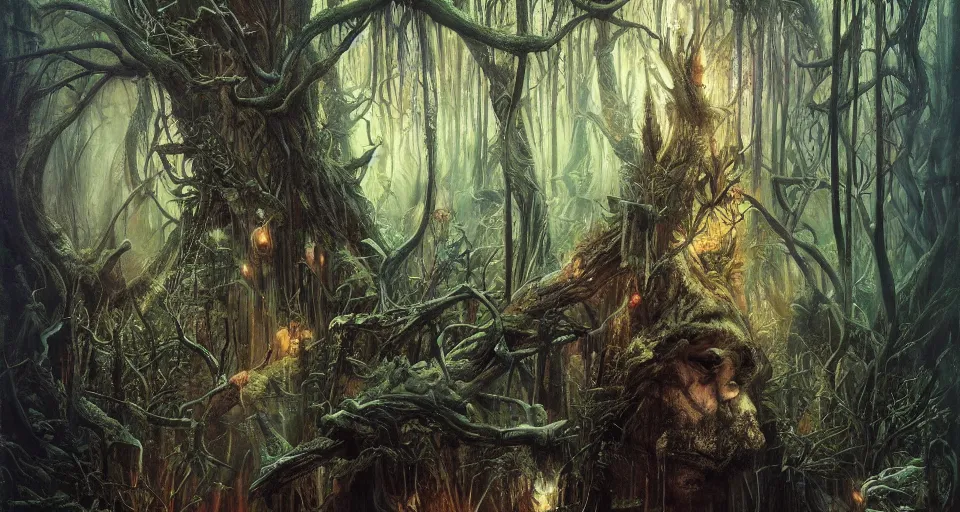 Image similar to A dense and dark enchanted forest with a swamp, by Karol Bak, by Gainax Co,