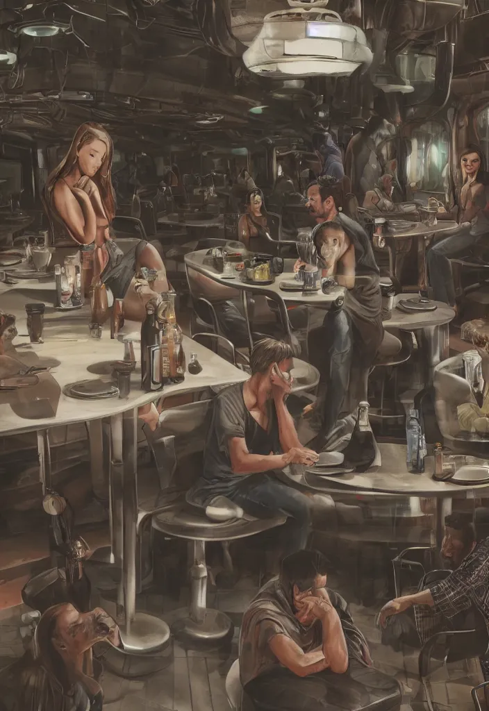 Prompt: men lost hope being looked by a girl from far away, futuristic cantina, sitting, men alone :: ultrarealistic, detailed, sharpen, 8k --ar 2:3 --uplight