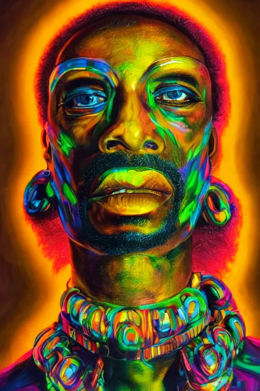 Image similar to detailed portrait of an African male with face augmentations, strong neon lighting, Afrofuturism, extravagant feathered collar, by glenn fabry, hyper realistic, HD, oil on canvas