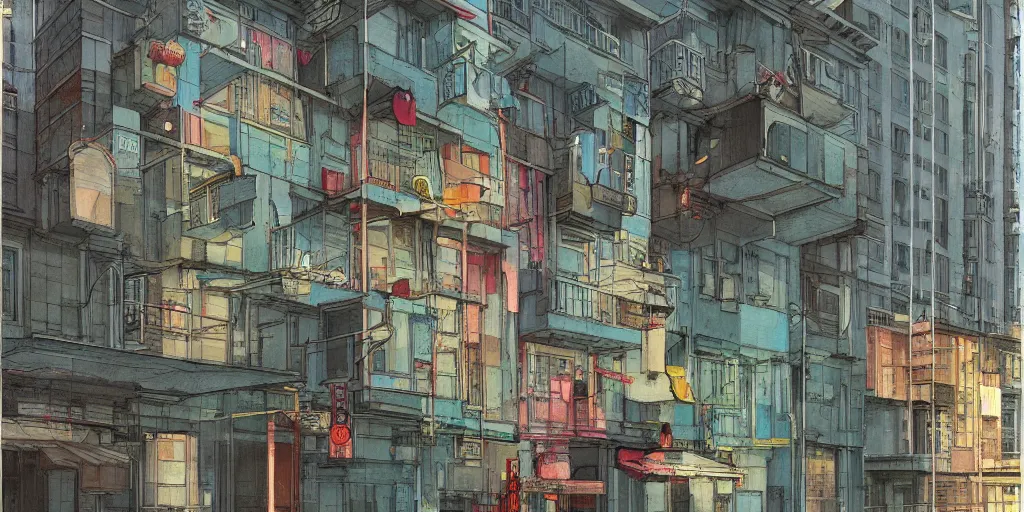 Image similar to neo brutralism, concrete housing, concept art, colorful, 3D, in the style of Akihiko Yoshida and Edward Hopper