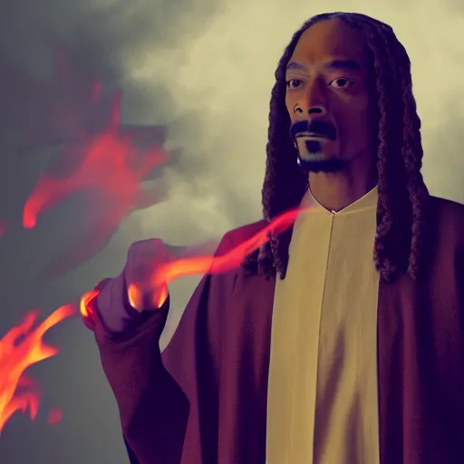 Image similar to cinematic film still of Snoop Dogg starring as a Samurai holding fire, Japanese CGI, VFX, 2022, 50mm lens, shallow depth of field, film photography