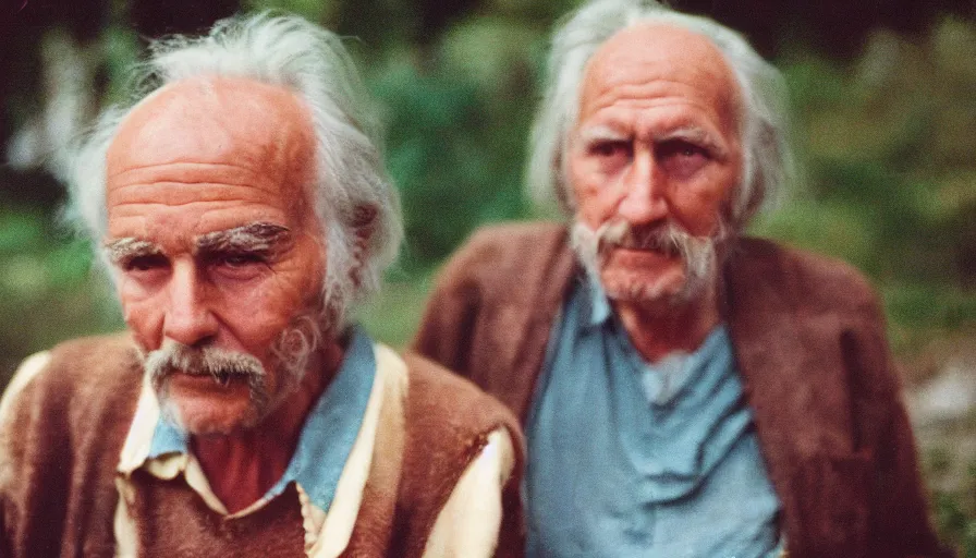 Image similar to 7 0 s movie still of an old man. his skin is full of holes. cinestill 8 0 0 t 3 5 mm technicolor, heavy grain, high quality, high detail