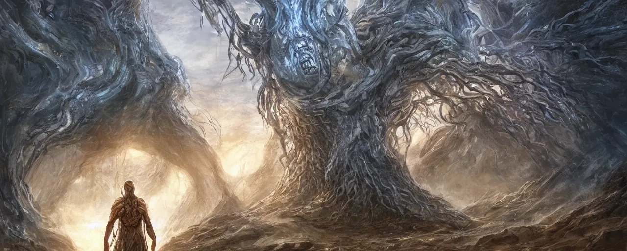 Image similar to a giant gatekeeper guarding the entrance to the tree of life, large scale, breathtaking, mixed media, digital art, trending on artstation, 8k, epic composition, highly detailed, AAA graphics