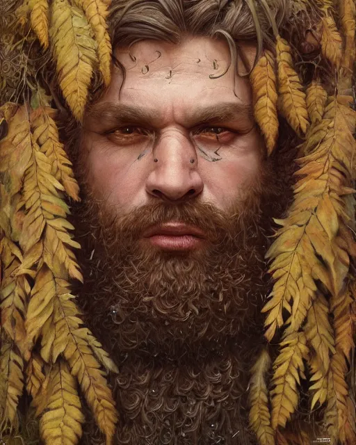 Image similar to forest druid with ram horns and leaves in his beard | highly detailed | very intricate | symmetrical | cinematic lighting | award - winning | closeup portrait | painted by donato giancola and mandy jurgens and brian froud | featured on artstation