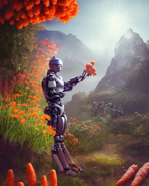 Image similar to friendly carrot cyborg, robocop, scifi farm, morning light, aura of carrots, weather station, flowers, cinematic, mountains, epic design, atmosphere, welcoming smile, high quality, perfect, 8 k high detail, masterpiece, trending on artstation, by akihiko yoshida