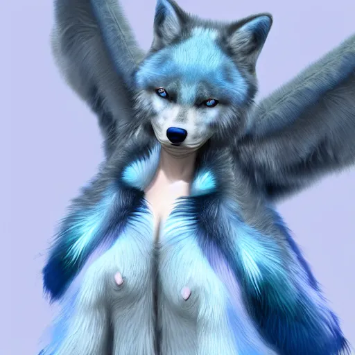 Image similar to 3 d render, well toned, large, female anthropomorphic wolf with wings, blue fur and scales with white spots and wings on her back, ice blue dress, furr covering her chest.