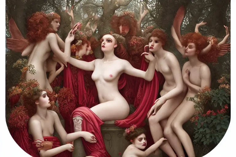 Image similar to the goddess of red solo cups surrounded by a court of nymphs, by tom bagshaw peter kemp, beautiful highly symmetric faces