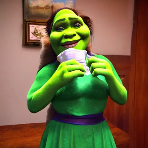 Image similar to shrek in costume of french maid