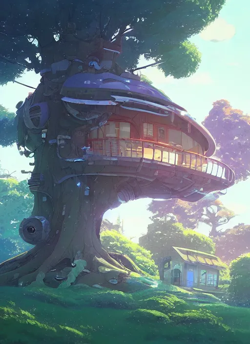 Prompt: a cute house in a giant tree, nuclear powered, detailed, futuristic, cory loftis, james gilleard, atey ghailan, makoto shinkai, goro fujita, studio ghibli, rim light, exquisite lighting, clear focus, very coherent, plain background