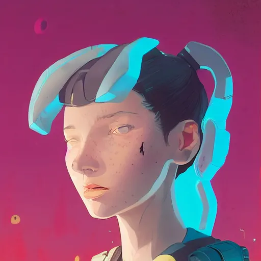 Image similar to Highly detailed portrait of a cyberpunk young lady with, freckles and wavy hair by Atey Ghailan, by Loish, by Bryan Lee O'Malley, by Cliff Chiang, by Goro Fujita, inspired by image comics, inspired by graphic novel cover art, inspired by nier!! Gradient color scheme ((grafitti tag brick wall background)), trending on artstation
