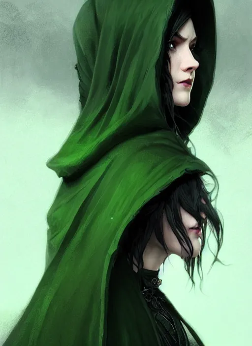 Image similar to side portrait dark witch with hood, adventurer outfit large cloak, fantasy forest landscape, moonshine, fantasy magic, undercut hairstyle, short green black fade hair, dark light night, intricate, elegant, sharp focus, illustration, highly detailed, digital painting, concept art, matte, art by WLOP and Artgerm and Greg Rutkowski and Alphonse Mucha, masterpiece