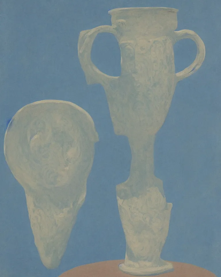 Image similar to achingly beautiful print of solitary painted ancient greek pottery on baby blue background by rene magritte, monet, and turner.