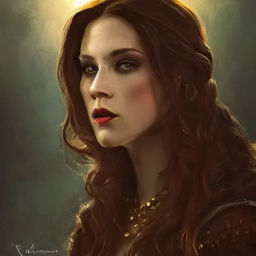 Image similar to majestic gracious regal aristocratic brunette female vampire portrait, indoors setting, atmospheric lighting!!, painted, menacing, intricate, beautiful, rich deep colours masterpiece!!, ( golden hour ), sharp focus!, ultra detailed, by leesha hannigan, ross tran, thierry doizon, kai carpenter, ignacio fernandez rios