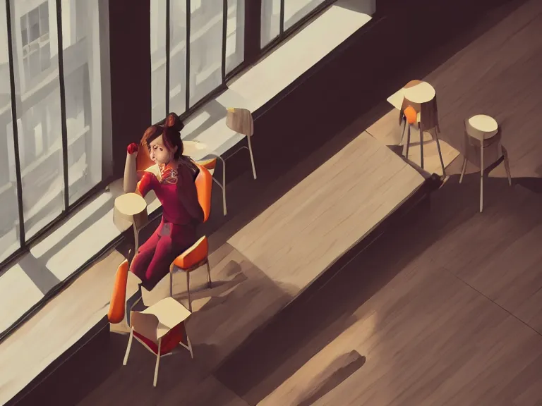 Image similar to a lonely girl drinking coffee in an empty cafe, high angle, right side composition, rule of thirds, digital painting, warm color scheme, dynamic lighting, octane, by sharandula and alice zhang, trending on artstation