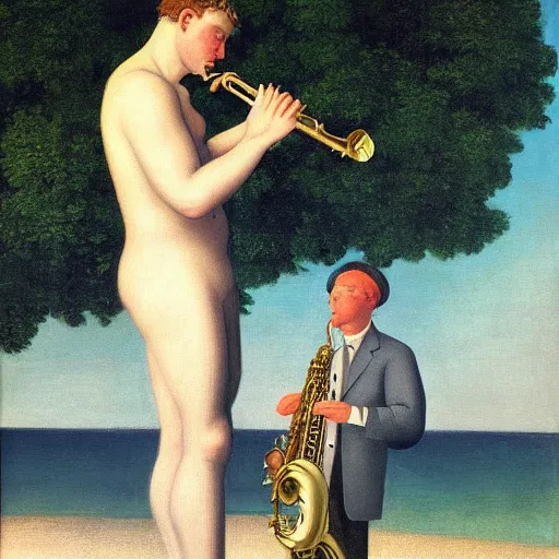 Image similar to a man playing saxophone on the beech by Raphael, Hopper, and Rene Magritte. detailed, romantic, enchanting, trending on artstation.