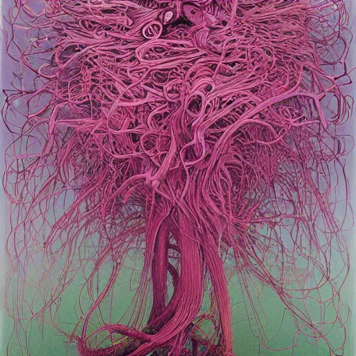 Prompt: Pink Vines by Takashi Murakami, Jean-Michel Basquiat, H.R. Giger, David Choe and Zdzisław Beksiński, incredibly intricately detailed artwork, oil on canvas
