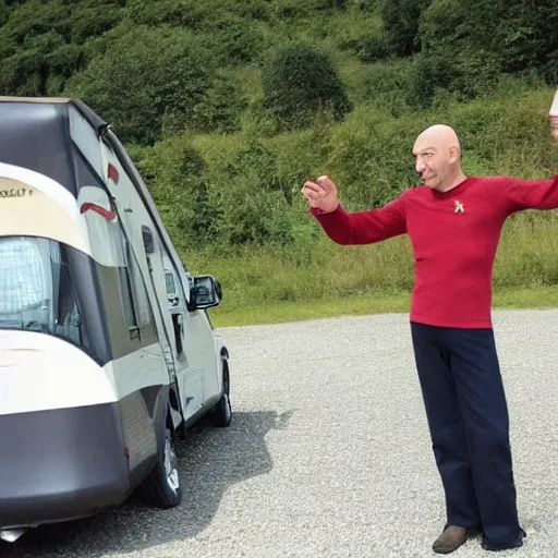 Prompt: jean-luc picard and William riker on a caravan holiday in Devon