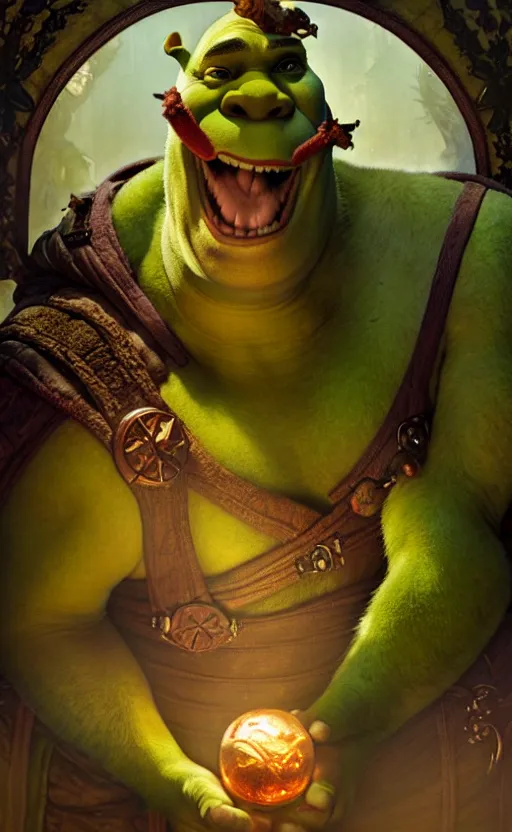 Image similar to shrek dragon gorgeous lighting by weta studio, mucha, bautista and norman rockwell and greg rutkowski and tom bagshaw and james gurney and lucasfilm