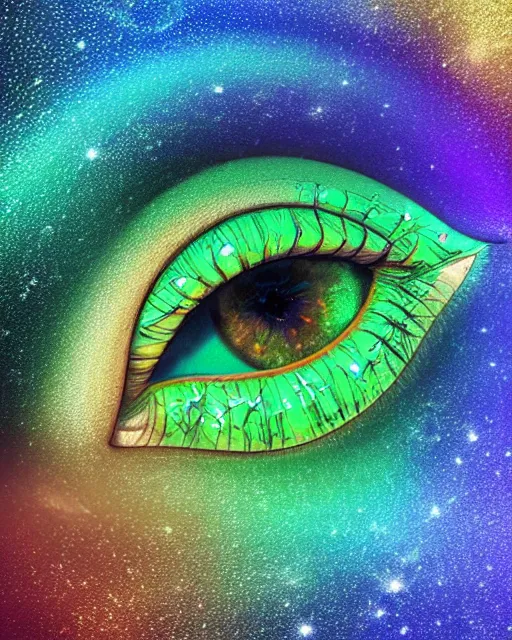 Image similar to a green eye with cobalt iris reflecting a sky full of stars, hyper realistic, fractal algorightmic art, art station, coherent design, symmetrical, vivid color, complementary color, golden ratio, detailed, sharp lines, intricate, rainbowshift, in unreal 3 d engine, nvidia optix, ray tracing, octane render