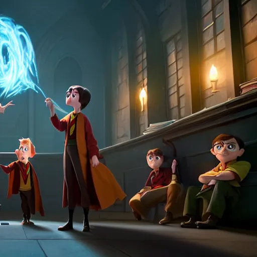 Image similar to a wholesome animation key shot of harry potter students, pixar and disney animation, sharp, very detailed, high resolution, rendered in unreal engine 5, key art by greg rutkowski, bloom, dramatic lighting