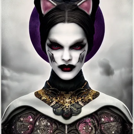 Image similar to actionism, soft painting curiosities carnival, beautiful cat in full gothic armor, symmetry accurate features, focus, very intricate ultrafine details, black white purple volumetric clouds, award winning masterpiece, octane render 8 k hd, tom bagshaw artstyle