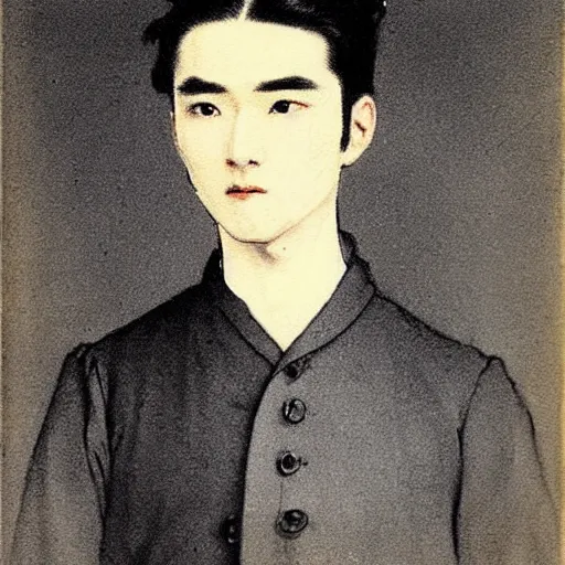 Image similar to painting of grumpy handsome beautiful man in his 2 0 s named min - jun in a french female maid outfit, modern clothing, elegant, clear, painting, stylized, delicate facial features, stylized thin lines, soft but grumpy, highly detailed, art, art by egon alphonse yamamoto