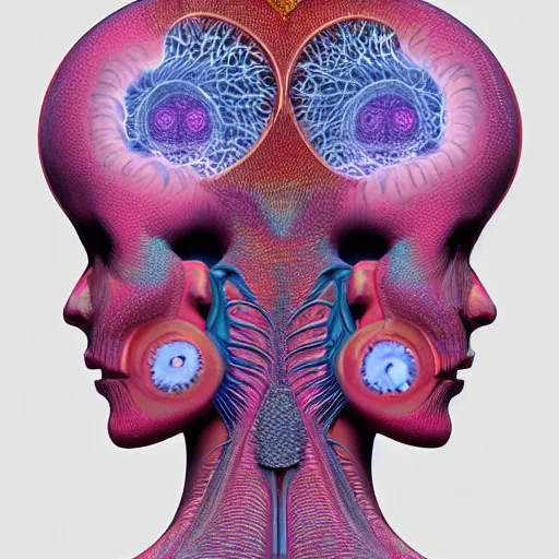 Image similar to a pair of human head with a heart shape in the middle of it, a computer rendering by Alex Grey, by Earnst Haeckel, featured on zbrush central, psychedelic art, lovecraftian, fractalism, zbrush