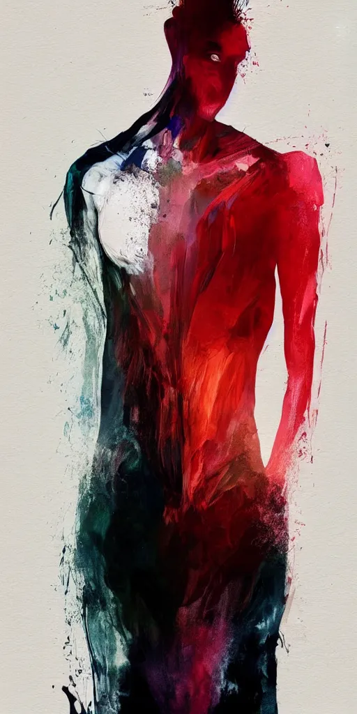 Image similar to abstract flowing brush strokes of the torso of one thin athletic man posing dramatically with no face, closeup, matte paint colors, conrad roset, dark abstract background, painting trending on artstation