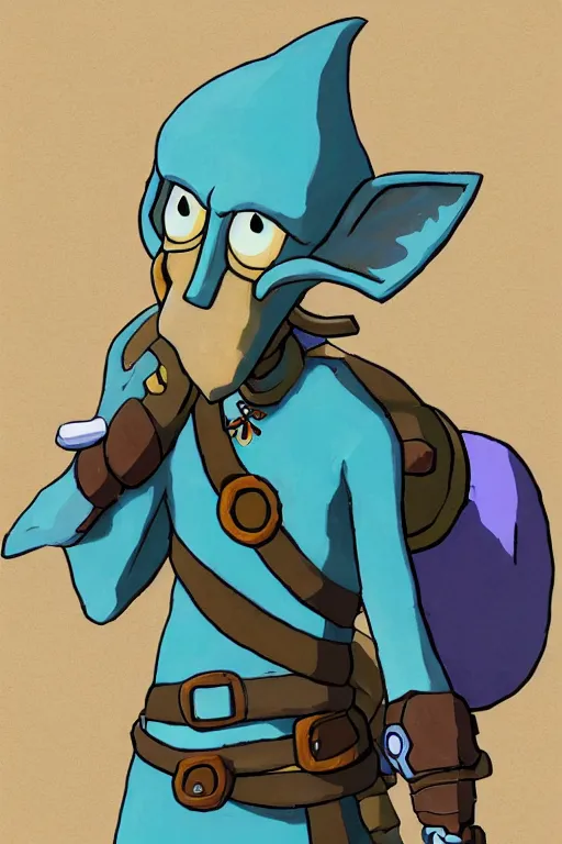 Prompt: an in game portrait of squidward from the legend of zelda breath of the wild, breath of the wild art style.