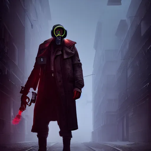 Prompt: hooden villain wearing a gas mask with red goggles, smoke coming out of his body and coat, dark background, in a dark alley, unreal engine 5, ultra realistic, detailed, fog, volumetric lighting, by greg rutkowski,