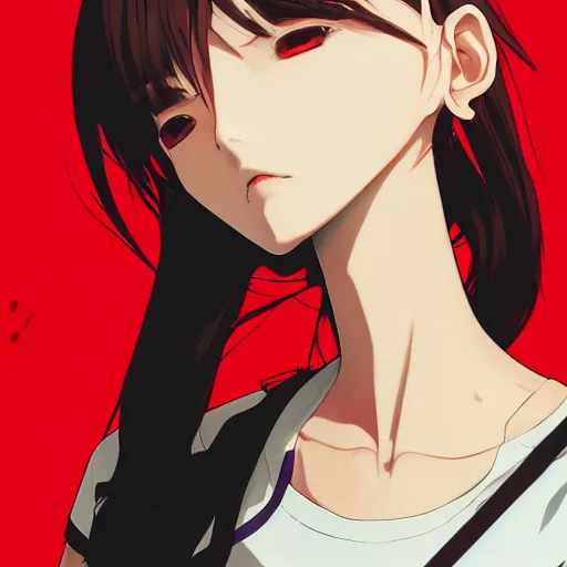 Image similar to shirt art, logo graphic design, manga style, realistic lighting, futuristic solid colors, made by ilya kuvshinov, sold on sukebannyc, from arknights, front portrait of a girl, elegant, shoulder eyes, jpop clothing, sneaker shoes, simple red background