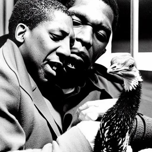 Image similar to john coltrane snuggling an ostrich