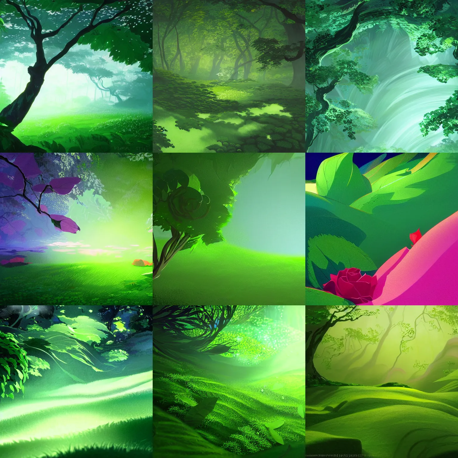 Prompt: closeup magic swirl of rose petals and green leaves, in gentle green dawn light, eyvind earle, studio ghibli painting, cinematic lighting, volumetric lighting, smooth, sharp focus, highly detailed, render in unreal engine 5, artstation, deviantart, behance, trending, epic composition, octane, light rays, award - winning