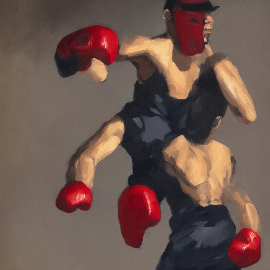 Prompt: a portrait of of boxing man, in the style of edward hopper, in the style of max ginsburg, realism, very small brushstrokes, cinematic lighting, moody, very aesthetic, 4 k,