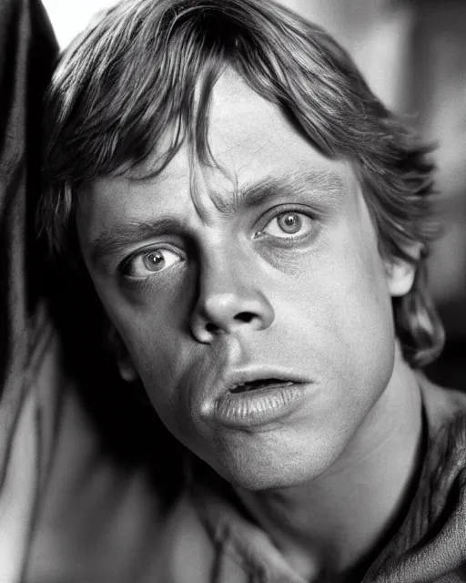 Prompt: very low angle high quality hyper realistic portrait of young mark hamill portraying luke skywalker, dark dramatic lighting, portrait realistic and insanely detailed, great composition, 8 k