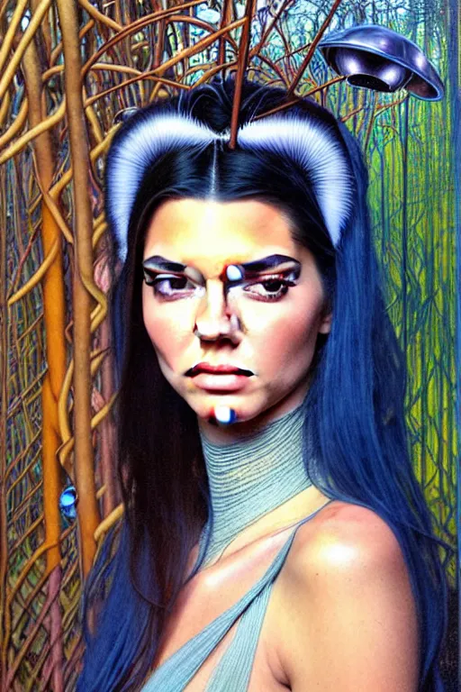 Image similar to realistic detailed face portrait painting of a beautiful kendall jenner with long hair with sci-fi headwear, futuristic sci-fi forest on background by Jean Delville, Amano, Yves Tanguy, Alphonse Mucha, Edward Robert Hughes, Roger Dean, rich moody colours, blue eyes