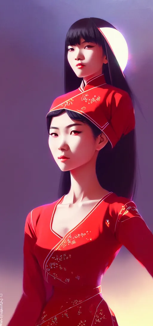 Image similar to a ultradetailed beautiful panting of a asian female wearing red ao dai and futuristic eye google, by ilya kuvshinov, greg rutkowski and makoto shinkai, trending on artstation