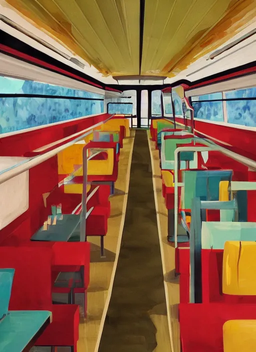 Prompt: interior design of a schoolie, mid - century modern converted school bus interior design by philippe starck and victoria hagan, detailed digital painting masterpiece, gorgeous, 4 k