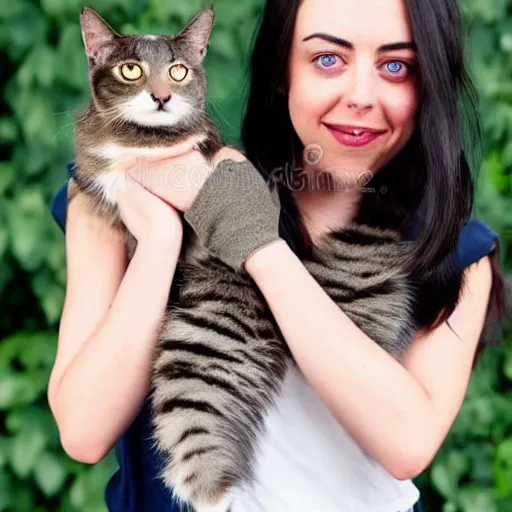 Prompt: a girl with long dark hair, her face is a mix between aubrey plaza, krysten ritter, lucy hale and maisie williams, she is holding a cat in her arms, a stock photo by juan villafuerte, pexels contest winner, high quality photo, rtx, hd, shiny eyes
