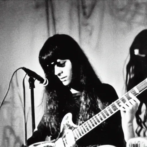 Image similar to 19-year-old girl, long shaggy black hair, playing electric guitar, stoner rock concert, proto-metal, doom metal, live on stage, super 8mm, 1973