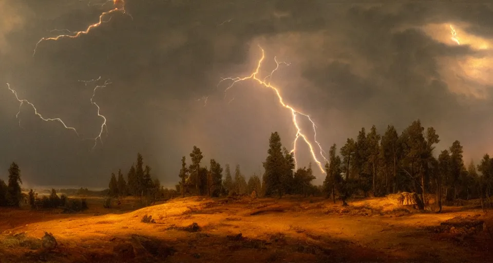 Image similar to red glow, windy, by eugene von guerard, ivan shishkin, night, lightning!!, storm!, dramatic lighting, concept art, trending on artstation, 8 k