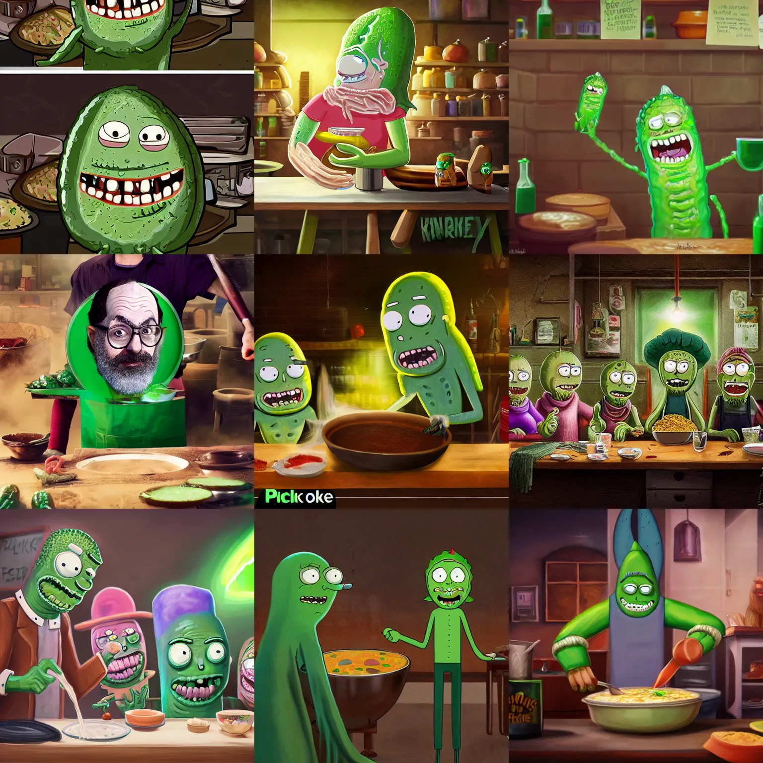 Prompt: pickle rick serving in a soup kitchen, pickle rick serving soup, kindness, detailed portrait, matte painting