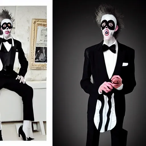 Image similar to A fashion editorial of Beetlejuice in a tuxedo smoking a cigar.