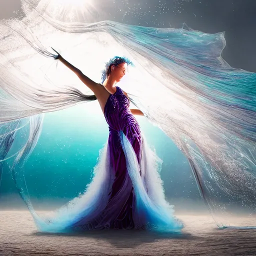 Prompt: large swirling silver translucent shapes behind a beautiful woman with long hair dancing underwater wearing a very long flowing dress made of many translucent layers of silver and blue and magenta lace seaweed, caustics lighting from above shines her dress and on the sandy bottom, bubbles flicker, octane render, cinematic, hyperdetailed