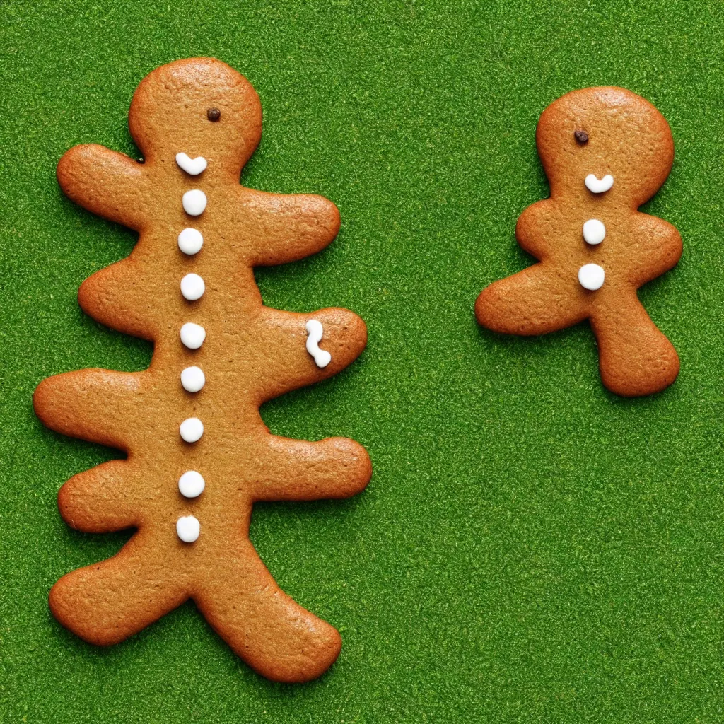 Image similar to top-down view of a cute gingerbread man on top of a green surface, 8k, high detail, photorealistic, proper shading