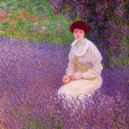 Image similar to portrait of cute girl with short curly red hair sitting in a field of lilac flowers, Monet painting