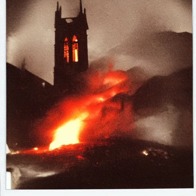 Prompt: polaroid photo of a firey explosion in a gothic church on a hill