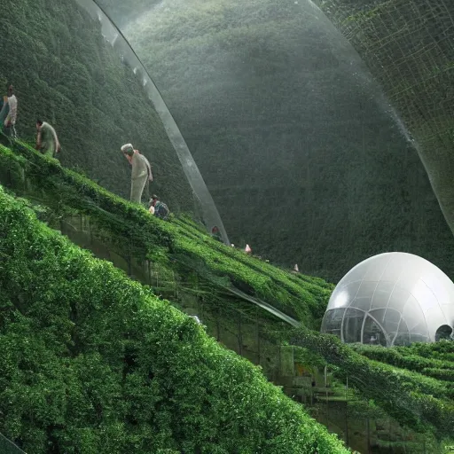 Image similar to vertical farms and white sci - fi dome in a steep sided valley with trees, a sense of hope and optimism, busy workers, hyper realistic, high res, 4 k, warm light, edouard groult, bynde, kirill leonov