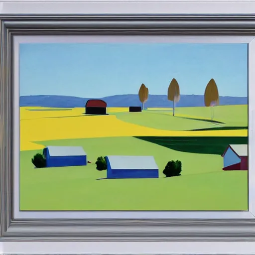Image similar to dreaming futuristic rural landscape with modern houses, painted by Alex Katz and Edward Hopper, airbrush